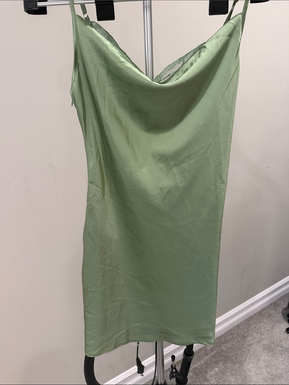 Green Slip Dress with Cowl Neck butterfly lace back